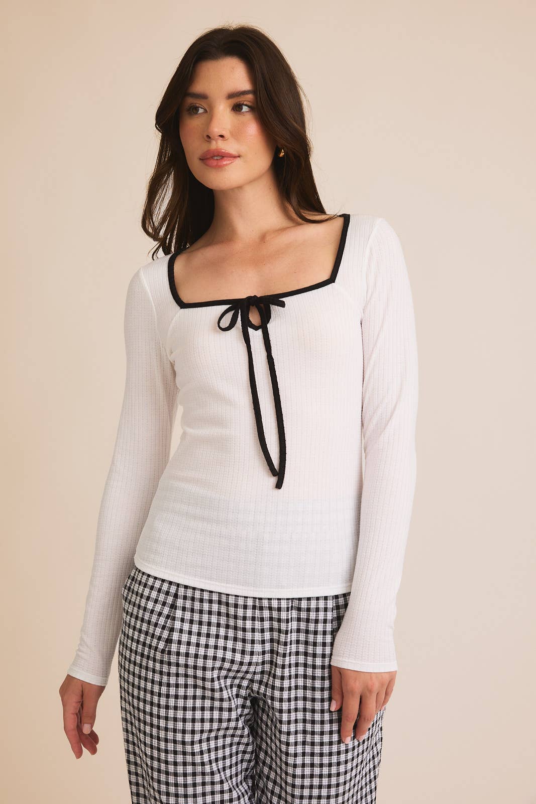 Square Neck Long Sleeve Front Tie Top