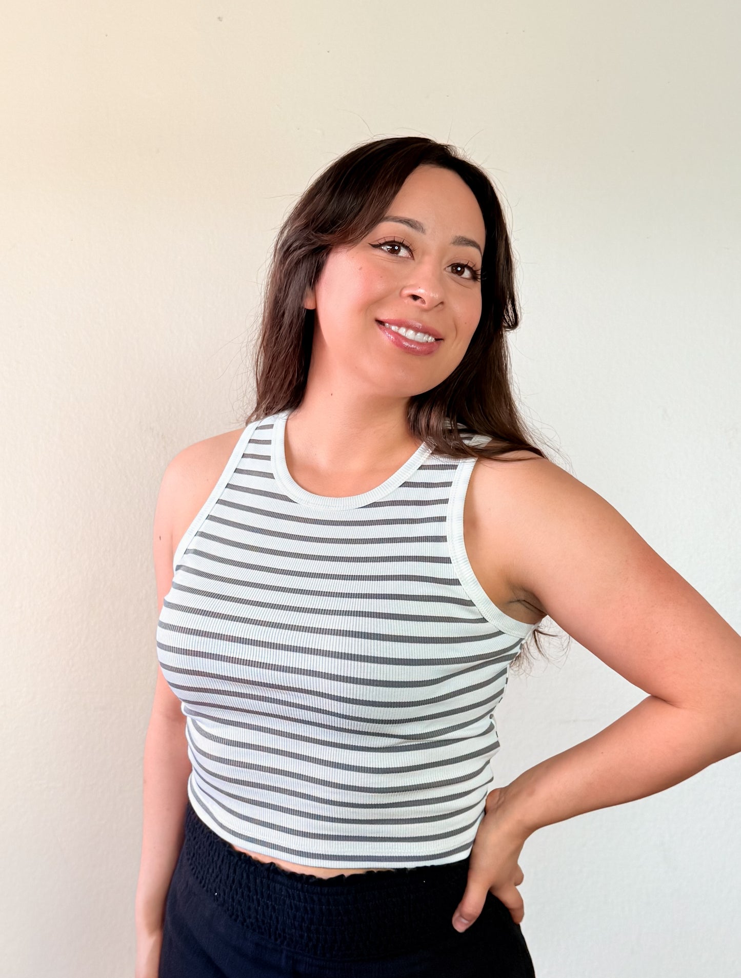 Sleeveless Round Neck Stripe Cotton Rib Knit Top