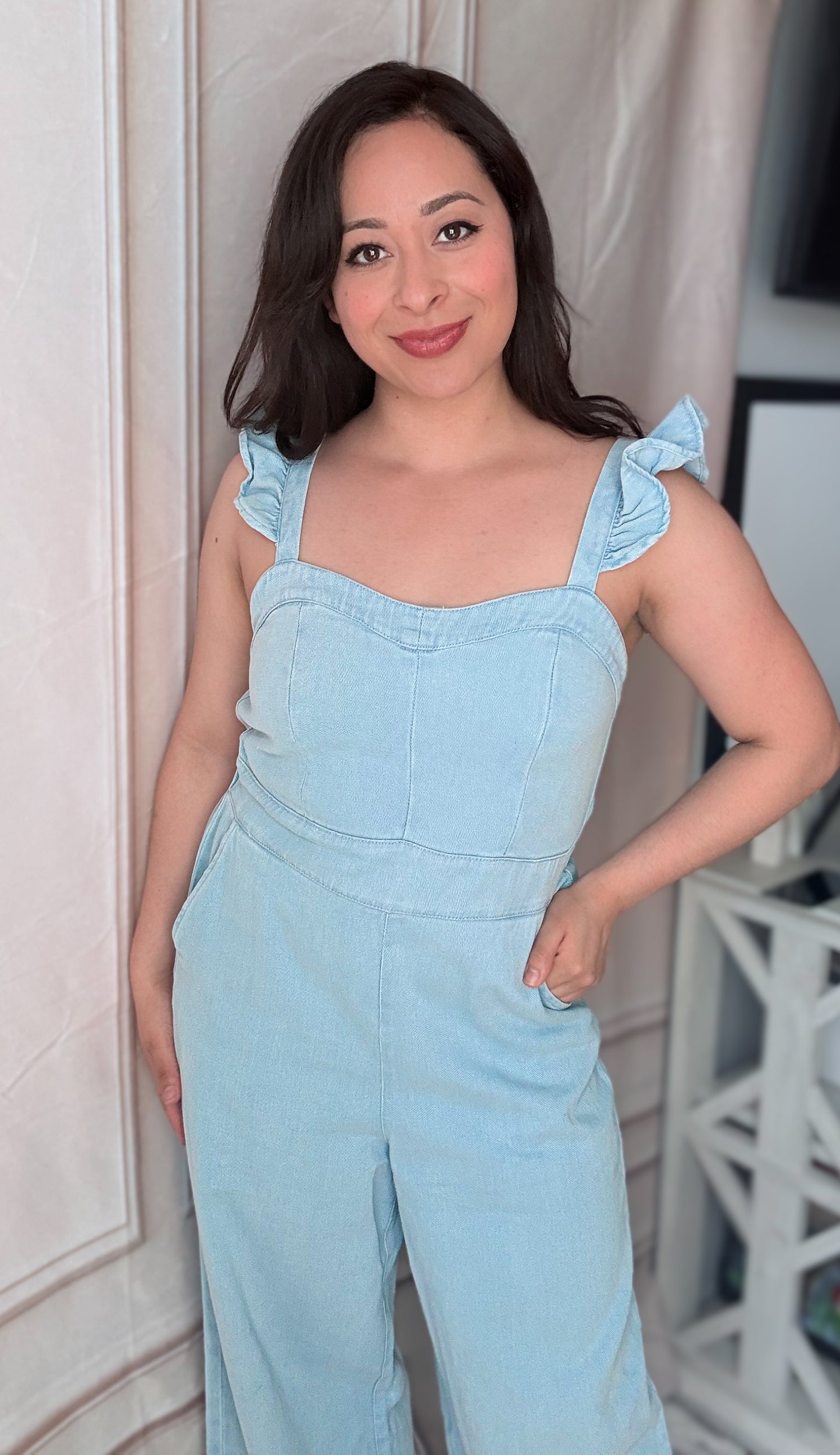 Denim Jumpsuit With Ruffle Shoulder Strap