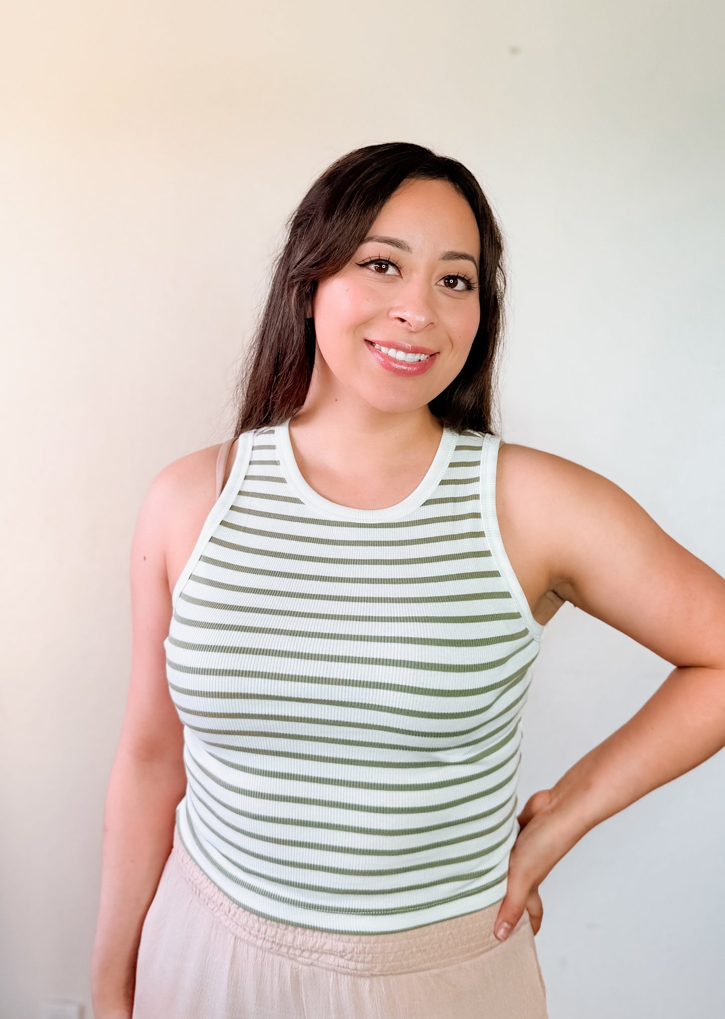Sleeveless Round Neck Stripe Cotton Rib Knit Top