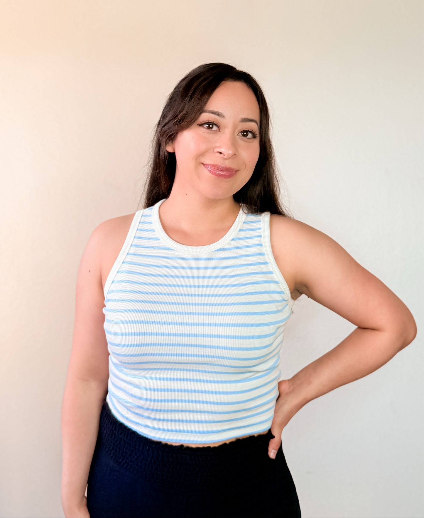 Sleeveless Round Neck Stripe Cotton Rib Knit Top