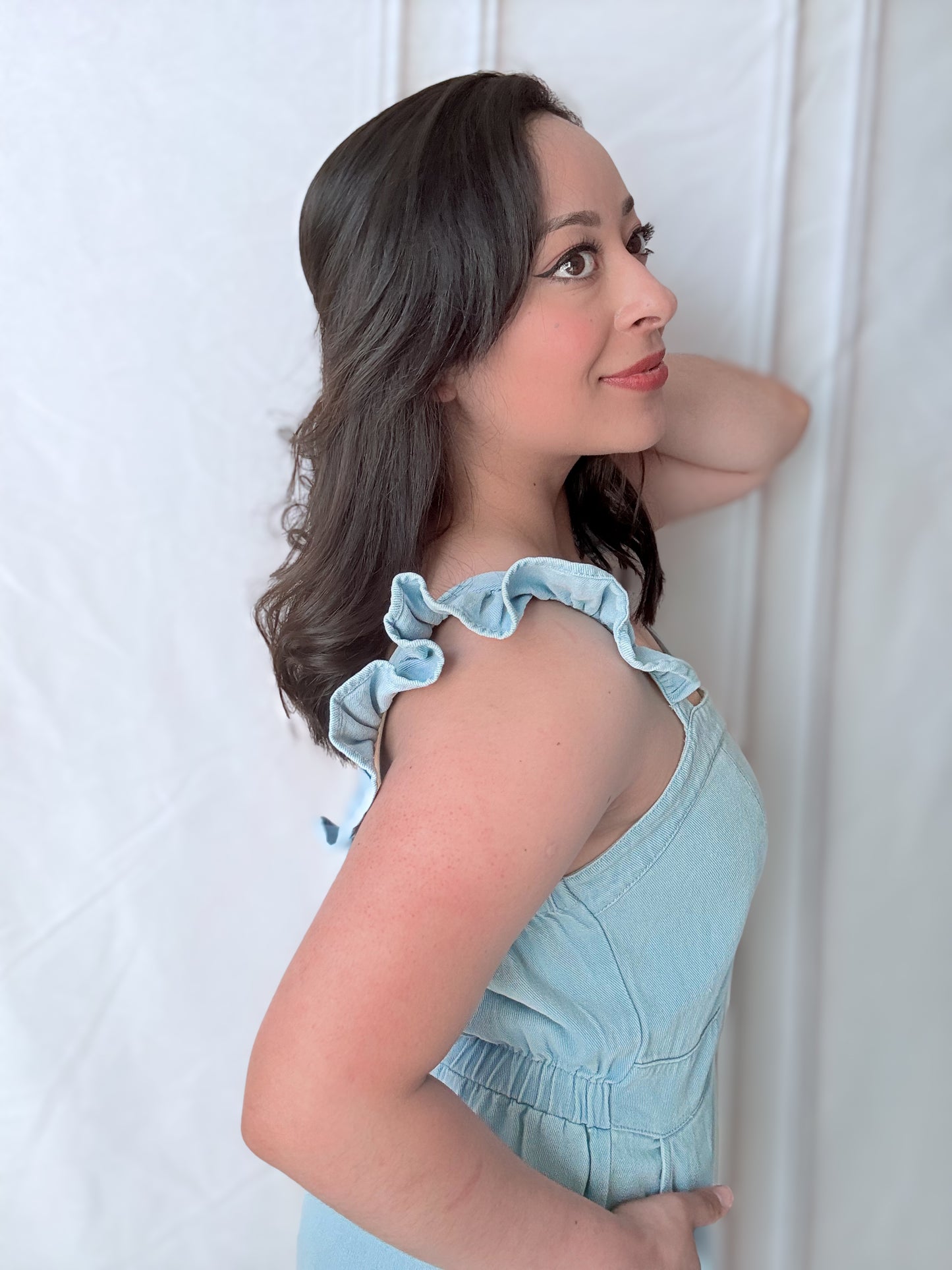 Denim Jumpsuit With Ruffle Shoulder Strap