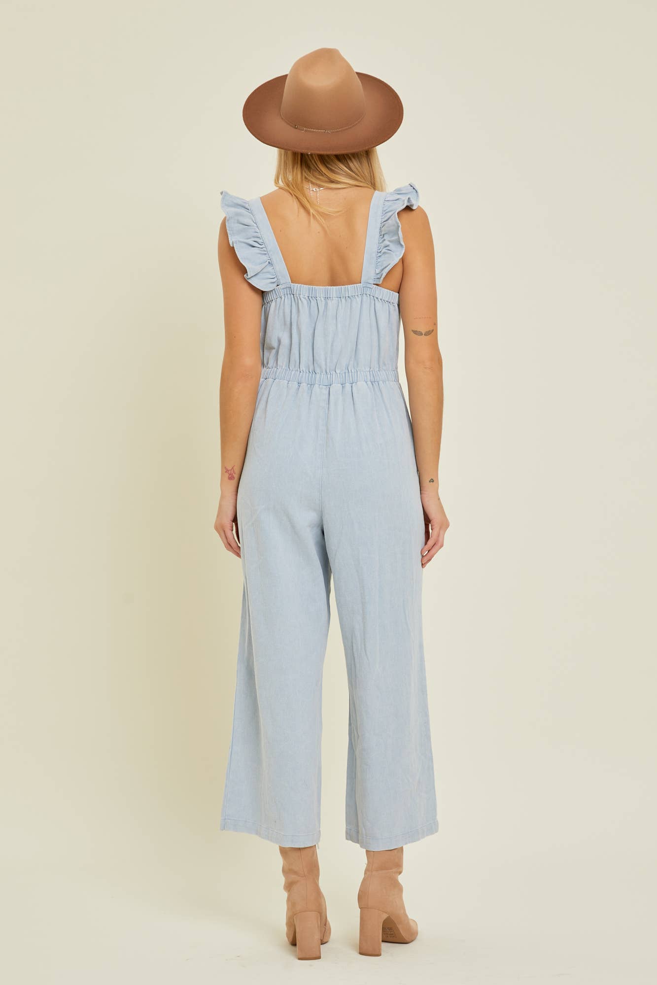 Denim Jumpsuit With Ruffle Shoulder Strap